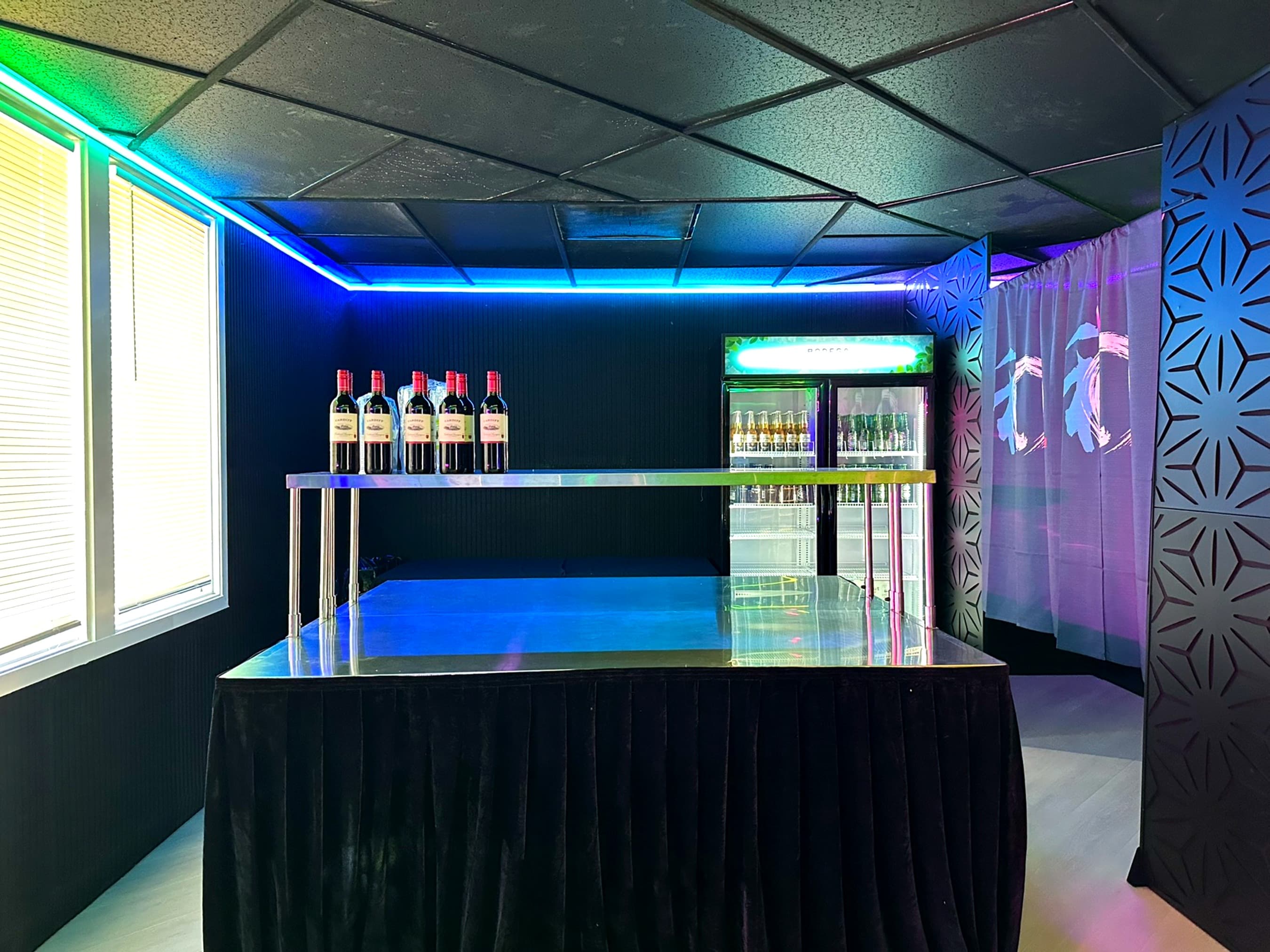 The bar and drinks fridge lit blue and green